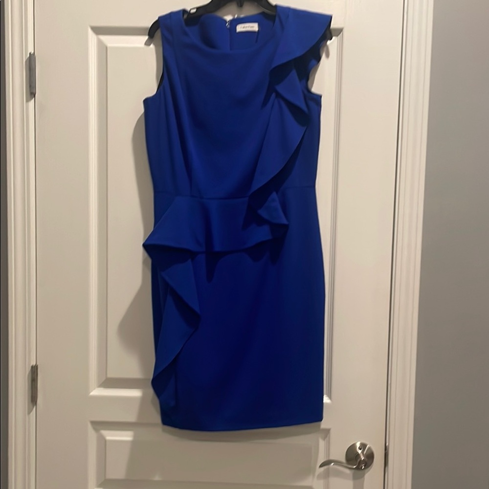 Calvin Klein Blue Knee-Length Ruffled Sheath Dress for Night‎ Out